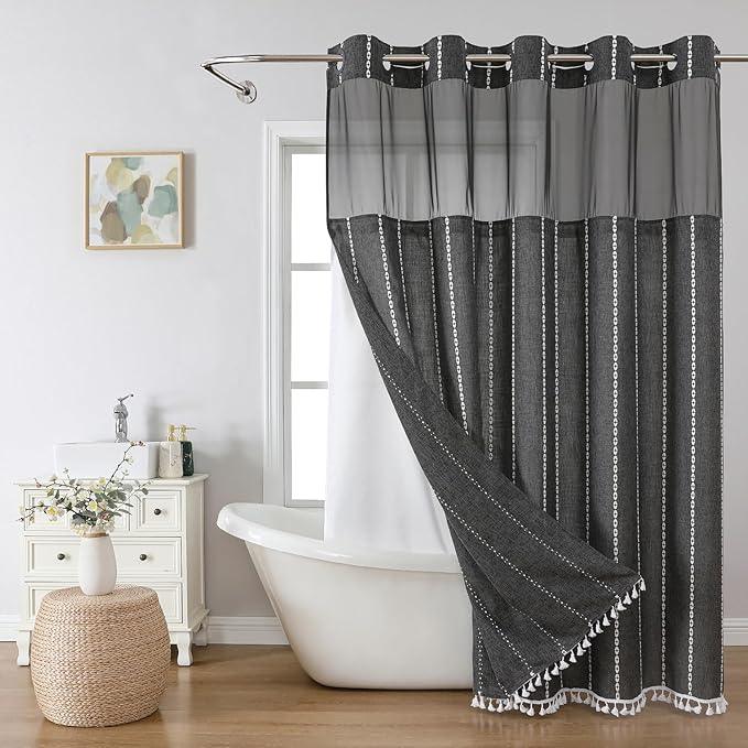 eachope Boho Farmhouse No Hook Shower Curtain Set with Snap-in Fabric Liner,Heavy-Duty Linen Textured Rustic Striped Design,Water-Repellent with Tassels and Sheer Window,Charcoal Grey,71x74 - ModernBath