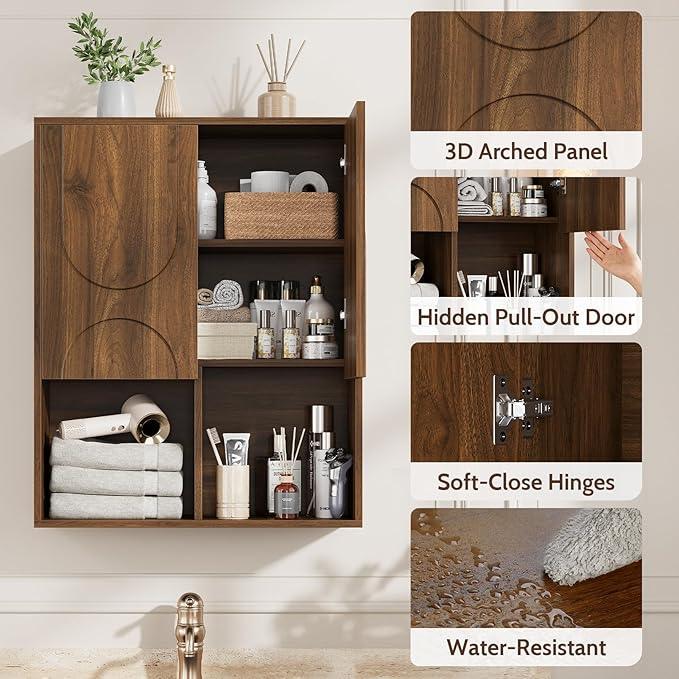 Bathroom Wall Cabinet, 24x30 Inch Small Over The Toilet Storage Cabinet, Walnut Space Saver Hanging Wall Mounted Medicine Cabinet Organizer with 2 Doors, Open Adjustable Shelf for Laundry Room Kitchen - ModernBath
