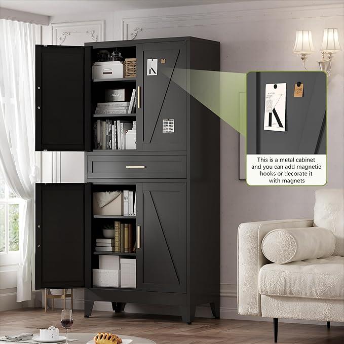 COFaR 71" Tall Metal Storage Cabinet with 4 Doors and 4 Adjustable Shelves, 6-Tier Farmhouse Storage Cabinet with Drawers and Legs, for Office, Home, Garage, Gym, School, Living Room, Hallway（Black） - ModernBath