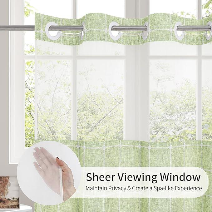 MitoVilla No Hooks Required Farmhouse Shower Curtain with Snap-in Liner - with Window & Magnets, Boho Cotton Linen Fabric Shower Curtains with Tassels for Rustic Bathroom Decor, Sage Green, 72 x 74 - ModernBath