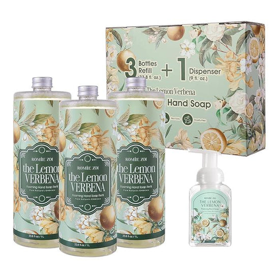 ROMIIE ZOI Foaming Hand Soap Refill Gift Set-3 Pack with Dispenser, Cruelty-Free and Biodegradable Formula, Moisturizing with Essential Oil for Sensitive Skin,Wild Lemon Verbena Scent,(33.8 Fl Oz x 3) - ModernBath