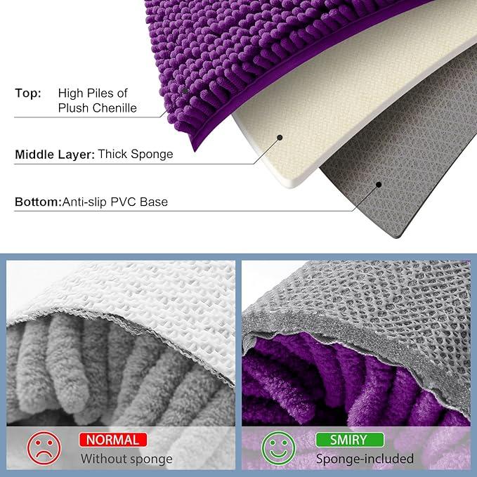 Smiry Luxury Chenille Bathroom Rugs 24x16, Extra Soft and Absorbent Shaggy Bath Mat, Machine Washable, Non-Slip Plush Carpet Runner for Tub, Shower, and Floor, Home Decor Accessories, Violet - ModernBath