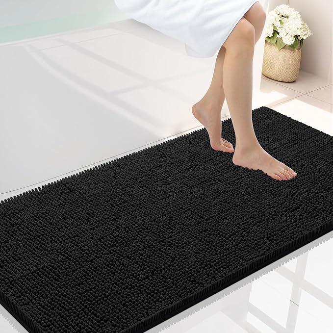 Smiry Luxury Chenille Bathroom Rugs 44x24, Extra Soft and Absorbent Shaggy Bath Mat, Machine Washable, Non-Slip Plush Carpet Runner for Tub, Shower, and Floor, Home Decor Accessories, Black - ModernBath