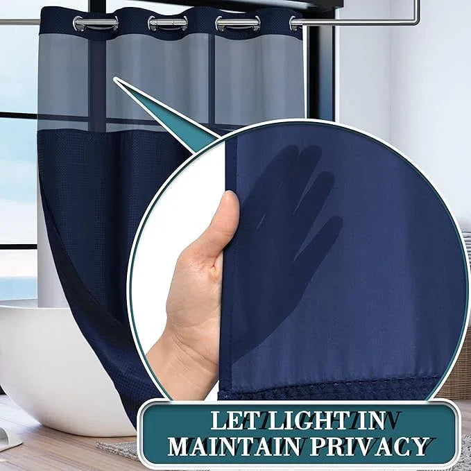 Conbo Mio Stall No Hook Waffle Weave Shower Curtain with Snap in Liner Set, Hotel Luxury Navy Blue Shower Curtains for Bathroom with See Through Top Window, Waterproof, Washable 54W x 74H - ModernBath