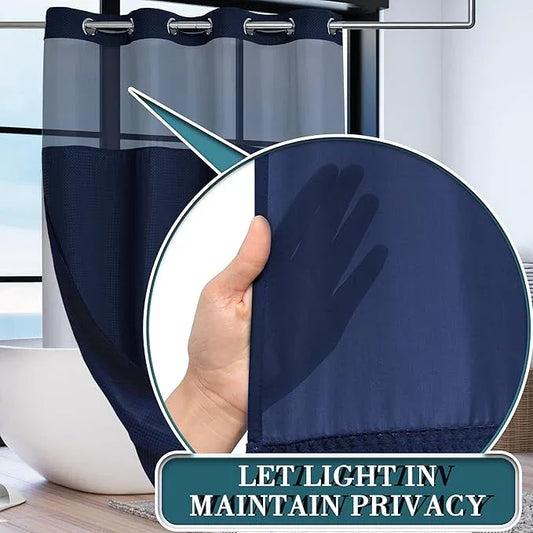 Conbo Mio Stall No Hook Waffle Weave Shower Curtain with Snap in Liner Set, Hotel Luxury Navy Blue Shower Curtains for Bathroom with See Through Top Window, Waterproof, Washable 54W x 74H - ModernBath