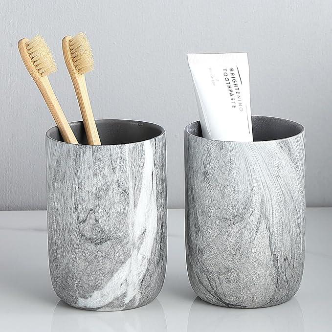 Marble Grey Toothbrush Holders for Bathrooms - 2 Cups Ceramic Toothbrush Toothpaste Holders, Grey Bathroom Tumbler Cups Reusable Toothbrush Mouthwash Cups, Bathroom Counter Organizer. - ModernBath