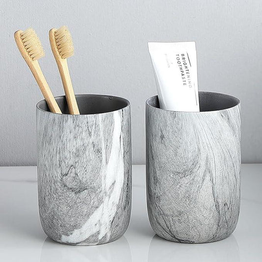 Marble Grey Toothbrush Holders for Bathrooms - 2 Cups Ceramic Toothbrush Toothpaste Holders, Grey Bathroom Tumbler Cups Reusable Toothbrush Mouthwash Cups, Bathroom Counter Organizer. - ModernBath