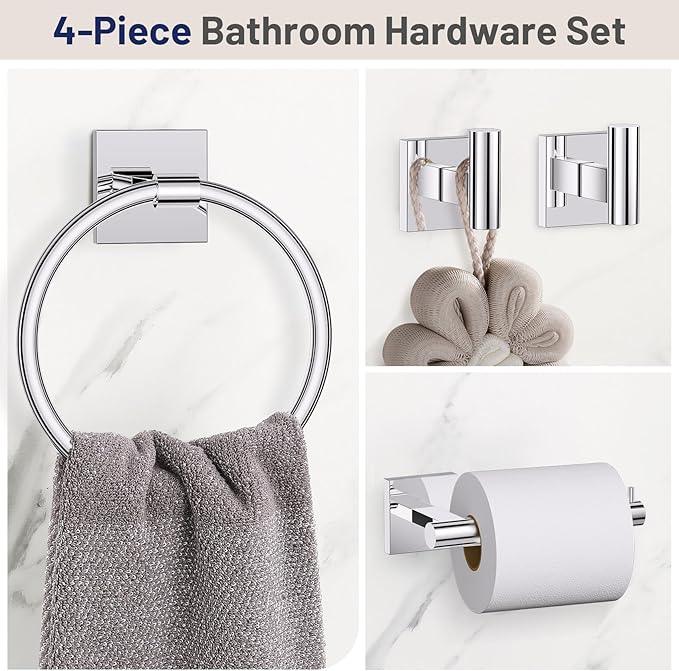 Towel Ring Set 4 Piece Bathroom Hardware Set Includes Towel Ring 2 Towel Hooks and Toilet Paper Holder Stainless Steel Wall Mounted (Polished Chrome) - ModernBath
