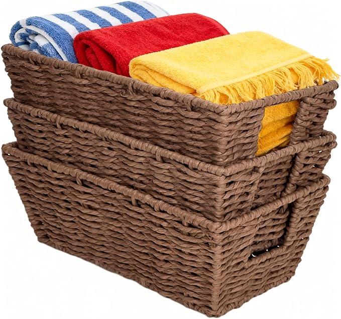Paper Rope Storage Baskets for Shelves Organizing, Small Hand Woven Wicker Organizer Basket with Handle for Bathroom Toilet Paper Storage, Brown, 3-Pack - ModernBath