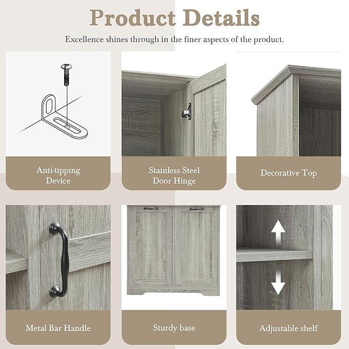 Bathroom Storage Cabinet with Doors and Drawers, Tilt-Out Laundry Hamper, Multiple Storage Space, Freestanding Style, Open Shelve, Adjustable Shelf (Oak) - ModernBath