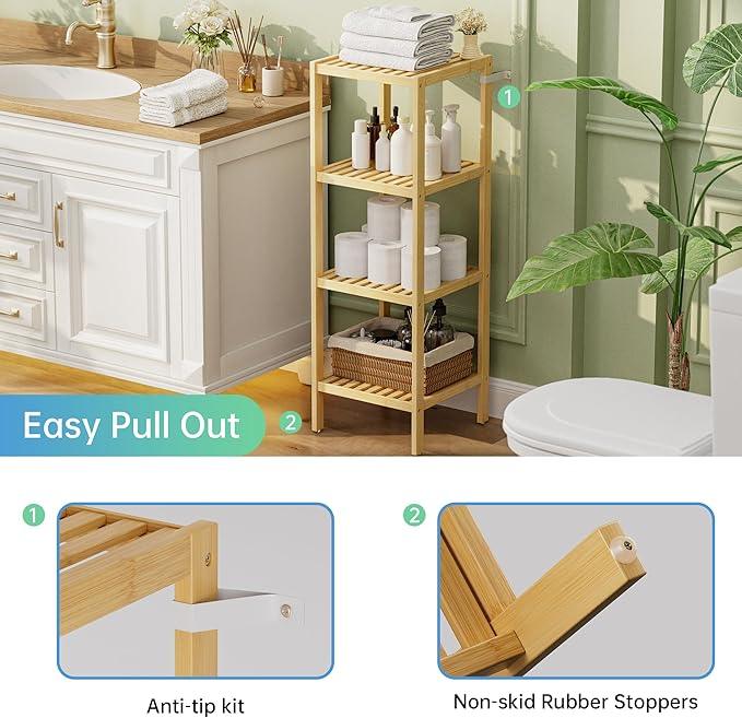 SMIBUY Bathroom Storage Shelf, 4-Tier Bamboo Rack Organizer, Multifunctional Shelving Unit for Living Room Bedroom Kitchen (Natural) - ModernBath
