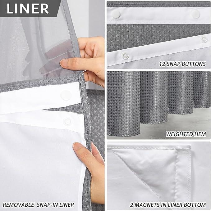 Furlinic Stall Size No Hook Shower Curtain with Snap in Liner,Waffle Weave Heavy Duty Fabric Bathroom Curtains with See Through Top Window,Waterproof & Machine Washable,Grey,36x72 Inch - ModernBath