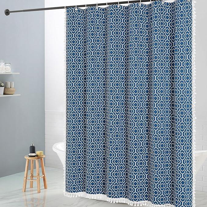 MitoVilla Blue Boho Shower Curtains for Modern Farmhouse Bathroom Decor, Bohemia Geometric Country Thick Cotton Fabric Shower Curtain, Rustic Tassel Cloth Shower Curtain, 72 x 72 - ModernBath