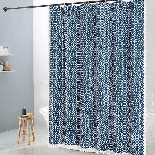 MitoVilla Blue Boho Shower Curtains for Modern Farmhouse Bathroom Decor, Bohemia Geometric Country Thick Cotton Fabric Shower Curtain, Rustic Tassel Cloth Shower Curtain, 72 x 72 - ModernBath