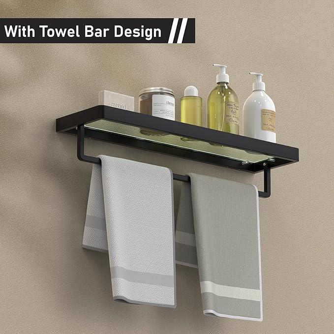 Floating Glass Shelves for Bathroom 20-in with Towel Bar/Tempered Glass Rectangular 1 Tier Organizer Shelf (Matte Black, 20'') - ModernBath