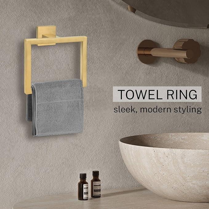 Brushed Gold Towel Ring,Square Hand Towel Holder,Towel Hanger, Bathroom Hardware Accessories,Stainless Steel Wall-Mounted Towel Rack - ModernBath