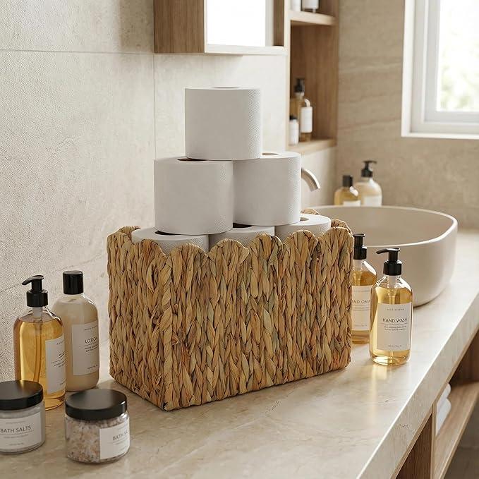 Water Hyacinth Magazine Holder with Scalloped Edge – Toilet Paper Storage Basket Natural Woven Decorative Basket for Magazines, Newspapers, Mail, Living Room, Bathroom & Office - ModernBath