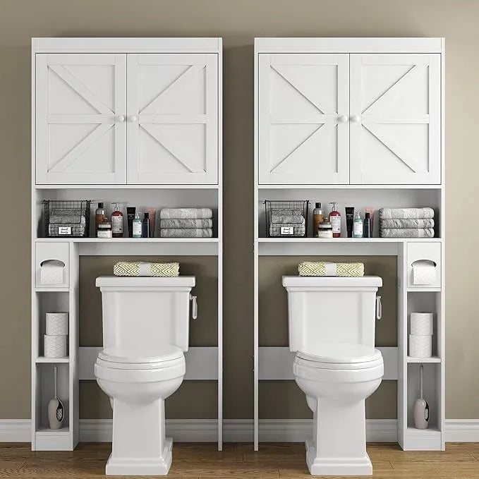 Furnideco Over The Toilet Storage Cabinet with Barn Doors, 32.3''W Free Standing Toilet Storage Shelf Space Saver with Adjustable Bottom Bar, White - ModernBath