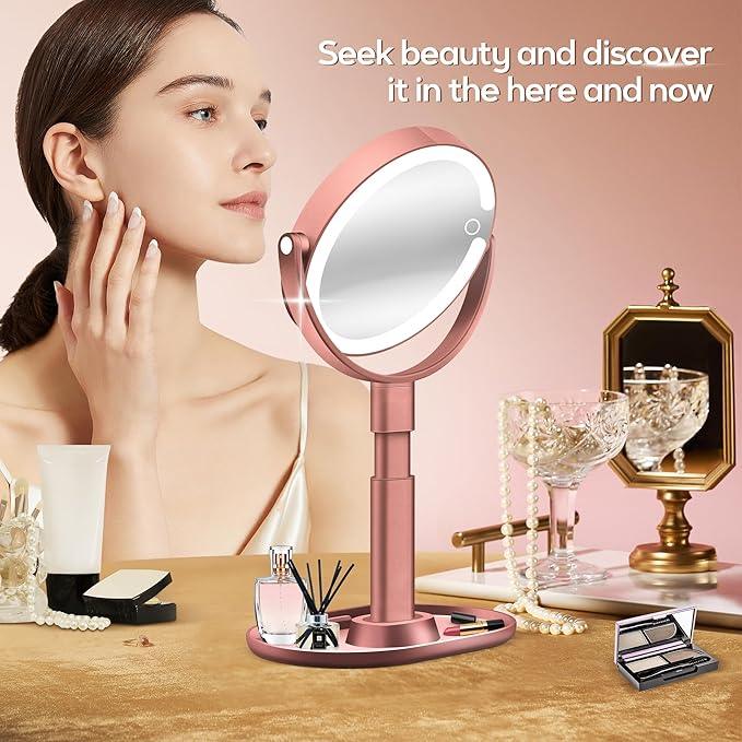 B Beauty Planet Makeup Mirror with Lights, Lighted Magnifying Mirror 30X with 3 Lighting and Adjustable Brightness, 2-Sided Height Adjustable Vanity Mirror for Bathroom, Gifts for Women Rose Gold - ModernBath
