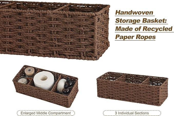 StorageWorks 3-Section Wicker Baskets for Shelves, Hand-Woven Round Paper Rope Storage Baskets, Walnut, 2-Pack - ModernBath