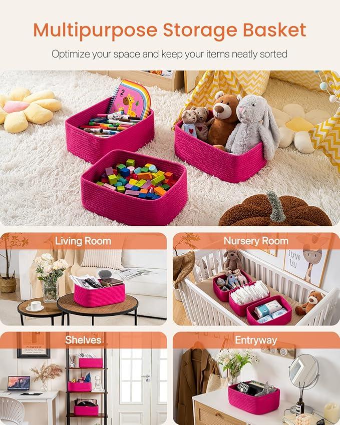 Small Woven Basket, 13.5 x 9.5 x 5 Inches, Storage Basket for Organizing, Cute Small Rope Shelf Closet Cube Storage Bins Baskets for Shelves, Dog Toy Gift Baskets Empty, 3 Packs, Hot Pink - ModernBath