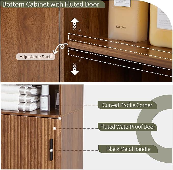 68" Tall Bathroom Storage Cabinet,Narrow Fluted Tower Cabinet with Door and Shelves,Slim Space Saving Storage Unit for Bathroom Kitchen Living Room (Walnut, 11.8" D x 15.75" W x 68" H) - ModernBath