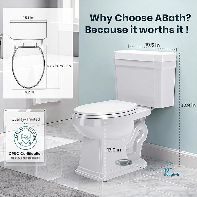 Two Piece Toilets for Bathrooms, Elongated Toilet with 17" Chair Height Soft Close Seat, 1.27 GPF Power Flush, Nano Self-Cleaning Glaze, WaterSense/1000g Map Certified, White ADA toilet 12" Rough In - ModernBath