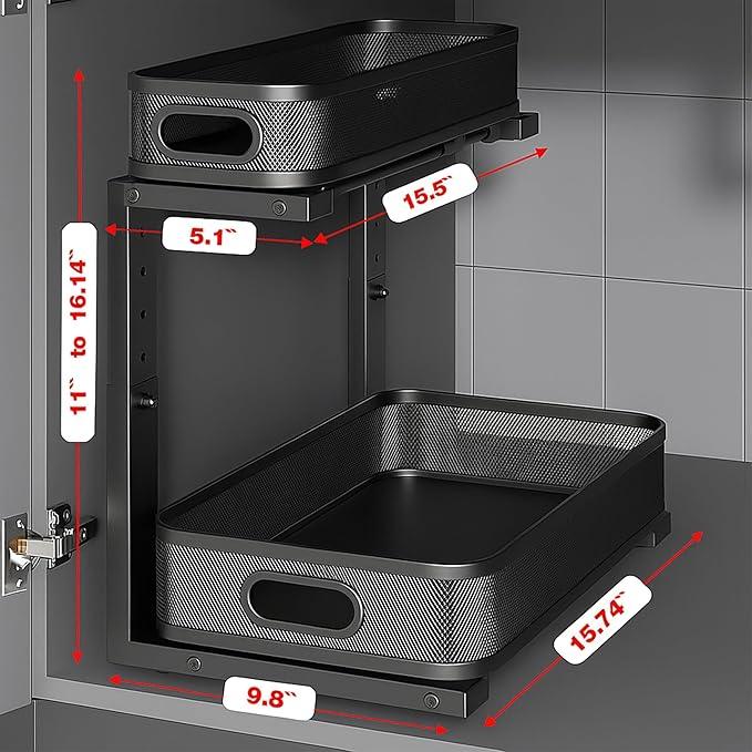 2 Pack Under Sink Organizer, Dual-Layer Pull Out Mesh Cabinet Rack with 5-Level Height Adjustment, Rust-Resistant Sliding Storage for Bathroom & Kitchen, Multi-Purpose 2-Tier Shelf(Black) - ModernBath