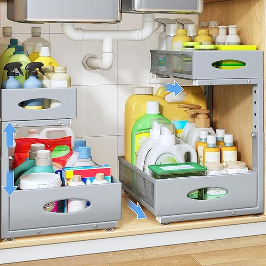 Under Sink Organizer, 2 Tier Pull Out Under Cabinet Organizer Shelf with Pad for Framed Cabinets, Metal Slide Out Under Sink Storage, Mesh Sliding Drawers for Kitchen Bathroom Laundry(Grey, 1 Pack) - ModernBath