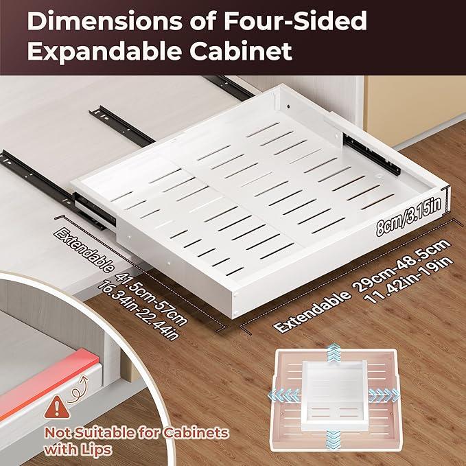 2 Pack Pull Out Cabinet Organizer, Slide Out Drawer Expandable Width (12"-19") and Depth (17"-23") With 3 Slides, Fixed with Adhesive Film or Nail for Cabinets in Kitchen, Pantry or Bathroom - ModernBath