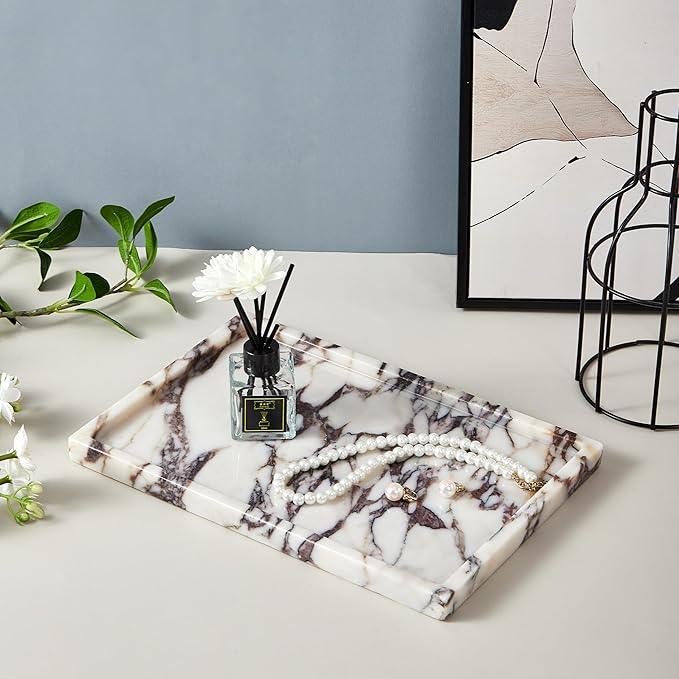 Denique Natural Marble Vanity Tray for Bathroom Countertop, Stone Storage Tray for Home Decor, 12"x8" Genuine Calacatta Viola Marble Perfume Jewelry Organizer for Kitchen Dresser - ModernBath