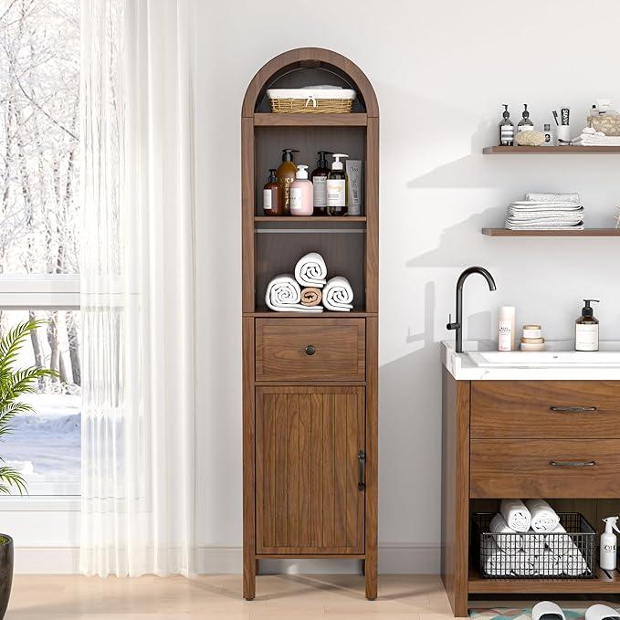 64" Tall Bathroom Storage Cabinet with Adjustable Shelves,Tall Narrow Arched Freestanding Tower Cabinet with Fluted Doors and Drawers,Space Saving Organizer for Bathroom Living Room (Walnut) - ModernBath