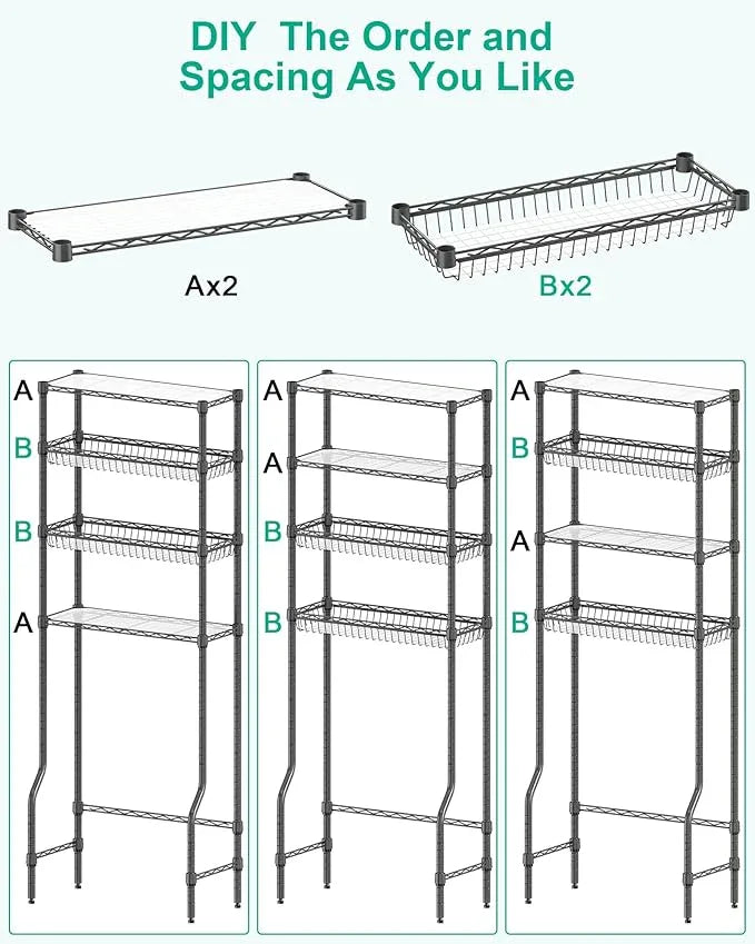 Over The Toilet Storage, 4-Tier Over Toilet Shelf Organizer Metal Storage Rack Freestanding Bathroom Space Saver with Adjustable Shelves and Baskets, Gray - ModernBath