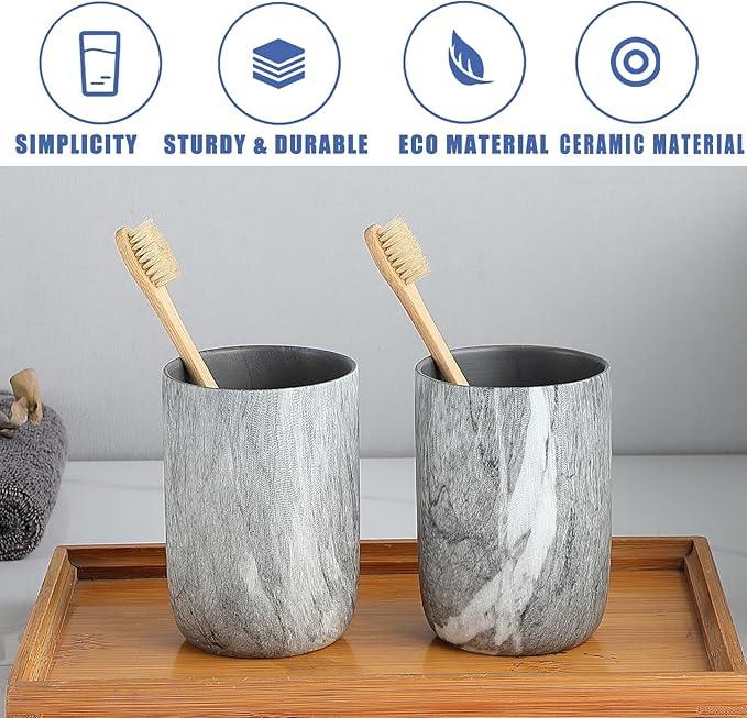 Marble Grey Toothbrush Holders - 2 Ceramic Toothbrush Holders for Bathrooms Toothbrush Toothpaste Holders Set, Grey Bathroom Tumbler Cups Reusable Toothbrush Mouthwash Cup, Bathroom Counter Organizer. - ModernBath