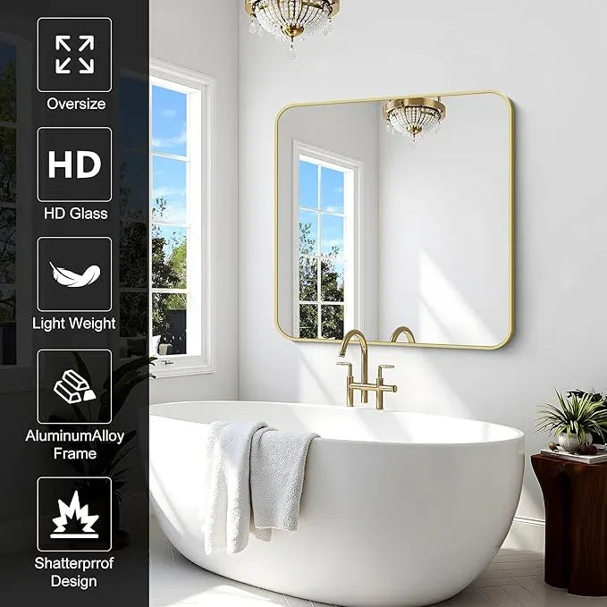 CIVENO Gold Bathroom Mirror, 42x42 Inch Metal Framed Square Mirror, Rounded Corner Gold Vanity Mirror, Large Wall Mounted Mirrors for Living Room Bedroom Entryway Hangs Horizontal or Vertical - ModernBath