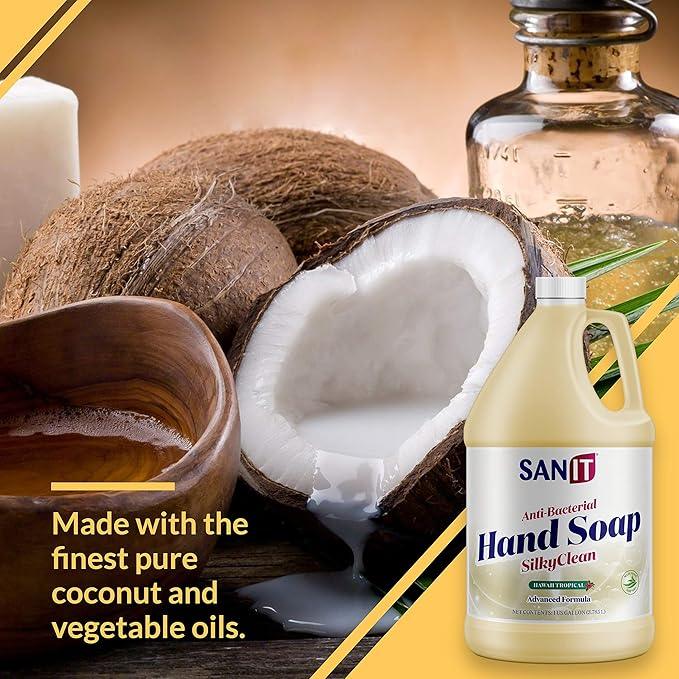 Sanit Silky Clean Antibacterial Liquid Gel Hand Soap Refill - Advanced Formula with Coconut Oil and Aloe Vera - All-Natural Moisturizing Hand Wash - Made in USA, Hawaii Tropical, 1 Gallon - ModernBath