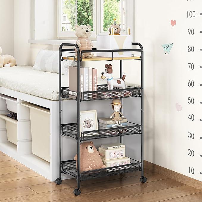 TOOLF 4-Tier Rolling Cart, Metal Utility Cart, Slide Out Storage Cart with Wooden Tabletop and Mesh Baskets, Easy Assemble Trolley for Kitchen Bathroom Laundry Room Bedroom Apartments Dormitory - ModernBath