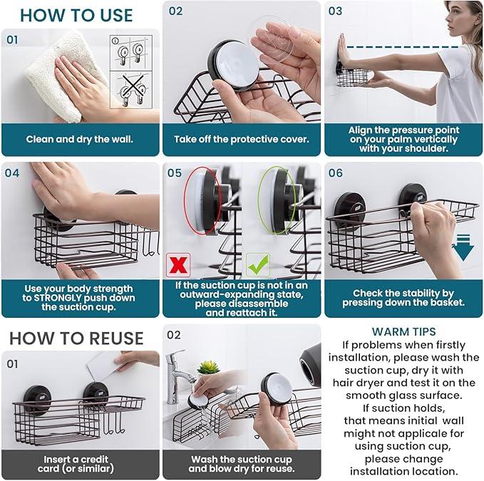 TAILI Shower Caddy Suction Cup with Hooks & Soap Holder, Heavy Duty Bathroom Shower Organizer, No Drilling Shelves for Inside Bathroom, Brown Metal Storage Holder - ModernBath