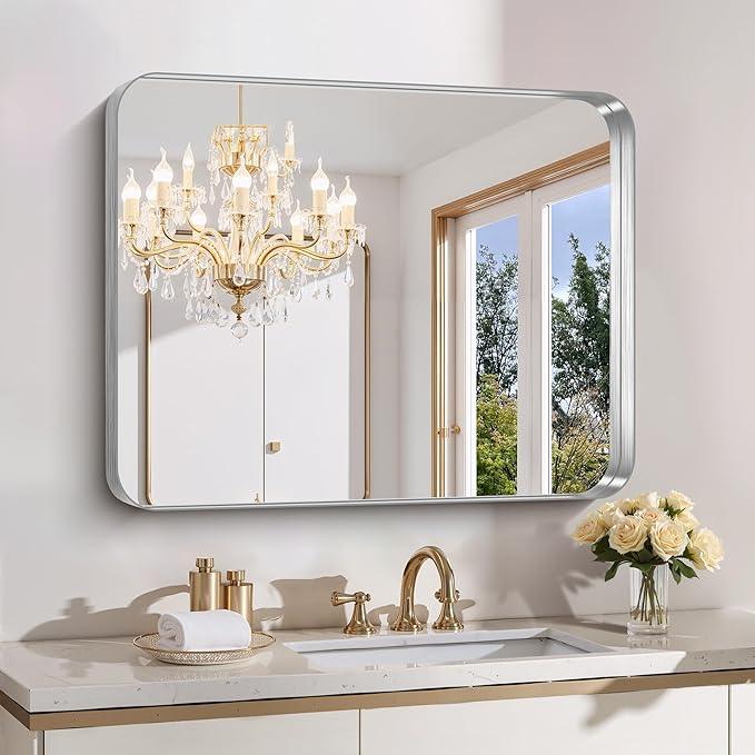 FORBATH 30x36 Inch Bathroom Mirror, Brushed Silver Deep Frame Wall Mirror with Rounded Corners, Anti-Rust Tempered Glass for Modern Farmhouse Vanity (Horizontal/Vertical Hanging) - ModernBath