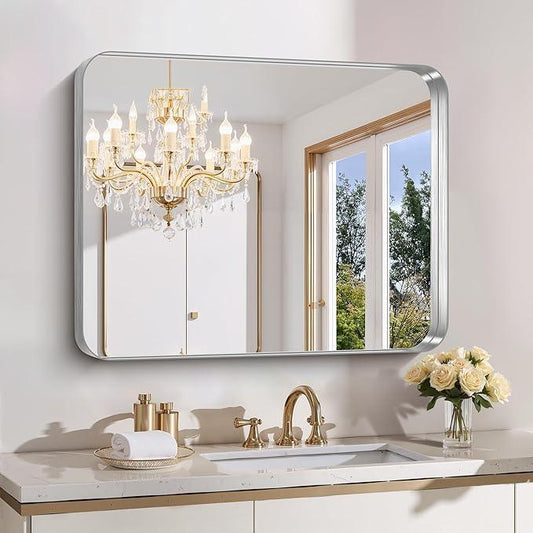 FORBATH 30x36 Inch Bathroom Mirror, Brushed Silver Deep Frame Wall Mirror with Rounded Corners, Anti-Rust Tempered Glass for Modern Farmhouse Vanity (Horizontal/Vertical Hanging) - ModernBath