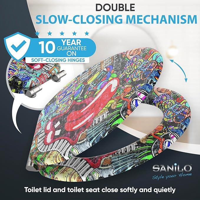 SANILO Wooden Toilet Seat with Soft Close [ELONGATED] - Decorative, Quiet & Slow Close Molded Wood Seat - With Strong Bumpers & Hinges - Adjustable Fit - Graffiti - ModernBath