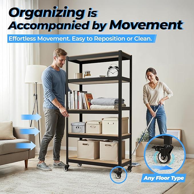 HOMEDANT House 48.1" 5-Tier Metal Rolling Cart Shelf Rack Casters Heavy Duty Laminated Wheel Shelving Unit Adjustable Utility Storage Shelves Shelf Kitchen Garage Black 1Pack - ModernBath
