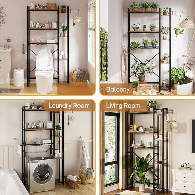 Over The Toilet Storage with Side Shelf, 7 Tier Bathroom Organizer Rack with Paper Holder, Hooks and Basket, Freestanding Above Toilet Shelf for Laundry, Quick Interlock Install (Vintage Brown) - ModernBath