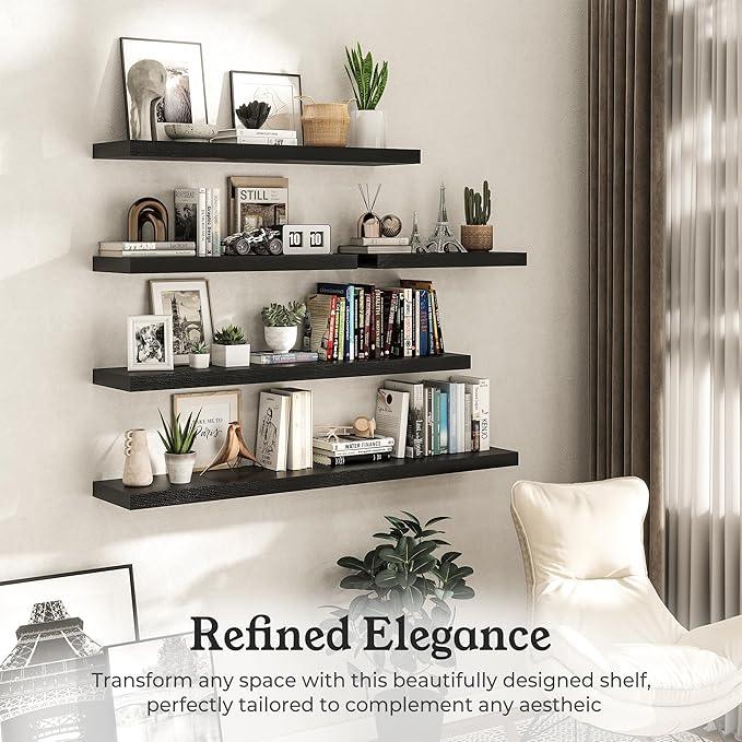 Floating Shelves for Wall, Wall Mounted Rustic Wood Shelves for Bathroom, Bedroom, Living Room, Kitchen, Hanging Shelf for Books/Storage/Room Decor (Black, 24") - ModernBath