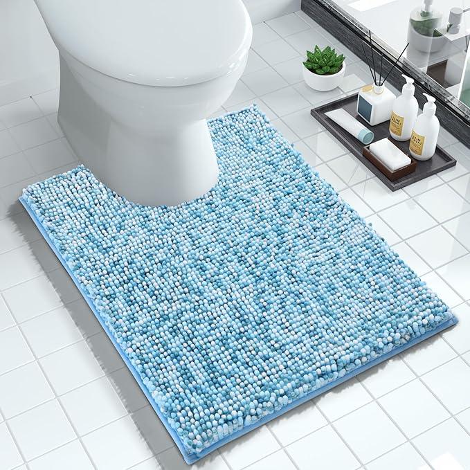 Yimobra Luxury Chenille U-Shaped Toilet Rug, Super Soft Shaggy Contour Bath Mat for Bathroom Floor, Fluffy, Water Absorbent, Non Slip, Machine Washable, Dry Quickly, 24''x 20'', Blue & Light Blue - ModernBath