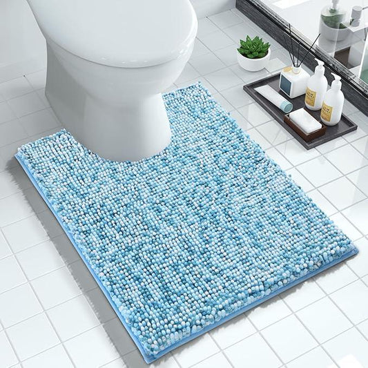 Yimobra Luxury Chenille U-Shaped Toilet Rug, Super Soft Shaggy Contour Bath Mat for Bathroom Floor, Fluffy, Water Absorbent, Non Slip, Machine Washable, Dry Quickly, 24''x 20'', Blue & Light Blue - ModernBath
