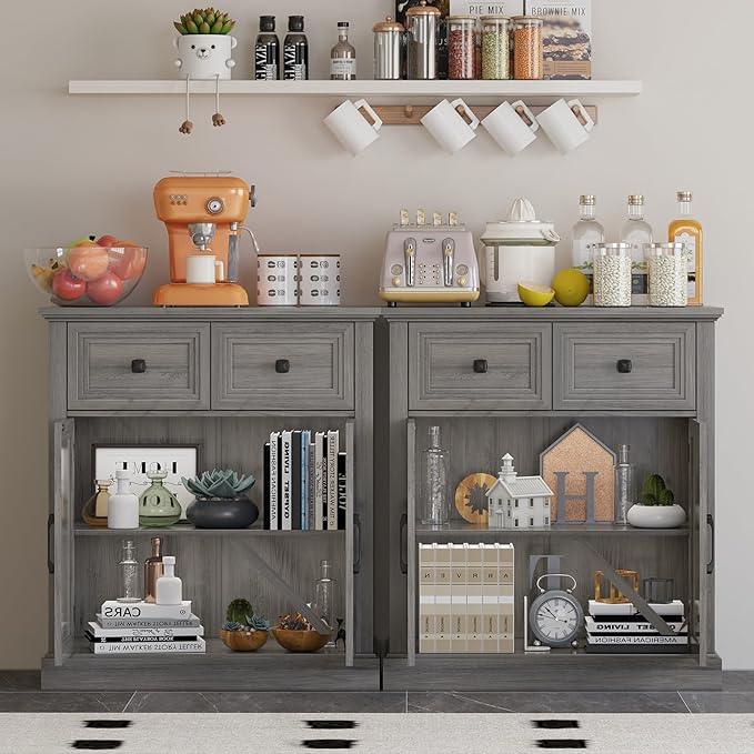Vabches Farmhouse Buffet Sideboard with Drawers, Wood Pantry Cabinet with Storage, Rustic Storage Cabinet with Adjutable Shelf and Barn Door for Kitchen, Dining Room, Living Room, Black - ModernBath