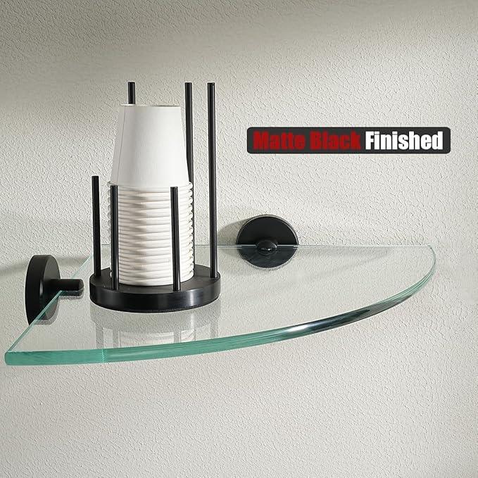 JQK Corner Glass Shelf Black, Bathroom 304 Stainless Steel Shower Triangle Floating Wall Shelf, 10 x 10 Tempered Glass, 2 Pack, TGS190L10-PB-P2 - ModernBath
