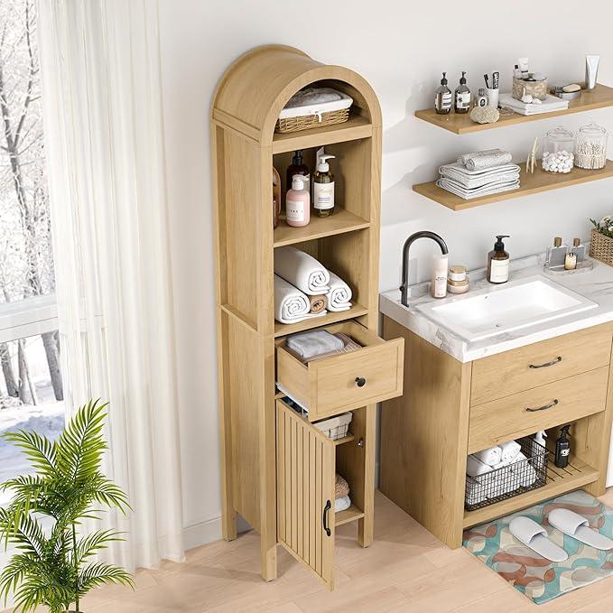 64" Tall Bathroom Storage Cabinet with Adjustable Shelves,Tall Narrow Arched Freestanding Tower Cabinet with Fluted Doors and Drawers,Space Saving Organizer for Bathroom Living Room (Oak) - ModernBath