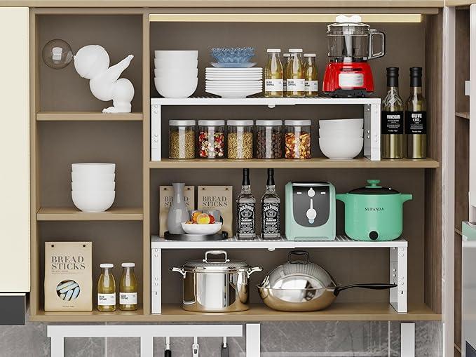 Jojocross Adjustable Expanable Stackable Spice Rack Shelf Pantry Storage Organizer for Kitchen Cabinet,Countertop,Bathroom and More.Space is no Longer Limited(2Packs/White/Large) - ModernBath
